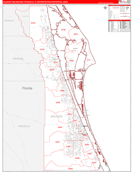 Palm Bay-Melbourne-Titusville Metro Area Wall Map Red Line Style